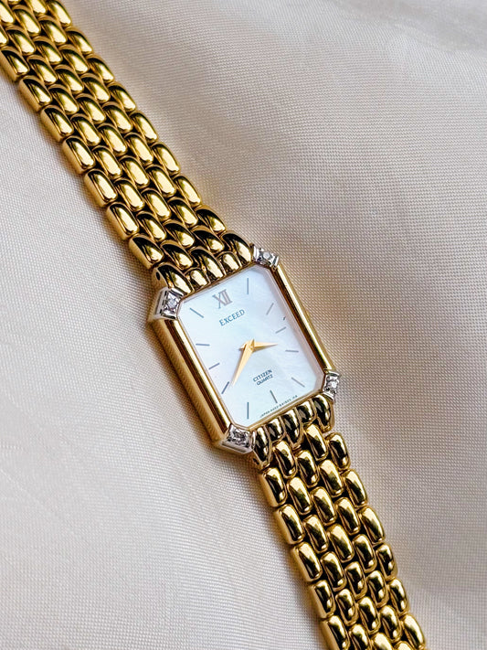 Rare Citizen Exceed Tank Gold Plated Watch: Diamond Accents, Mother of Pearl Dial