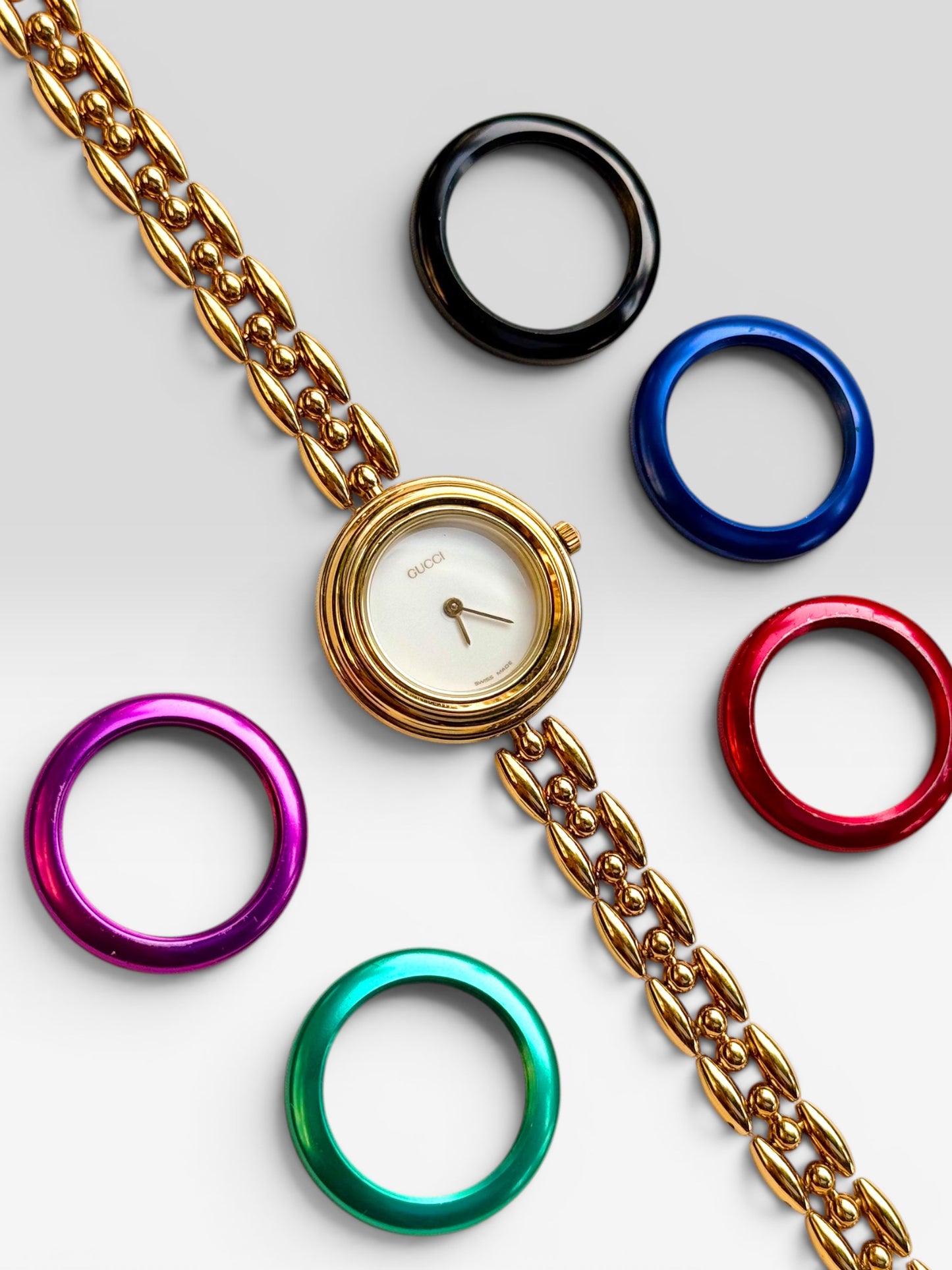 Vintage Gucci Interchangeable Bezels Women's Gold Plated Watch Set, 6 Bezels (11/12.2)