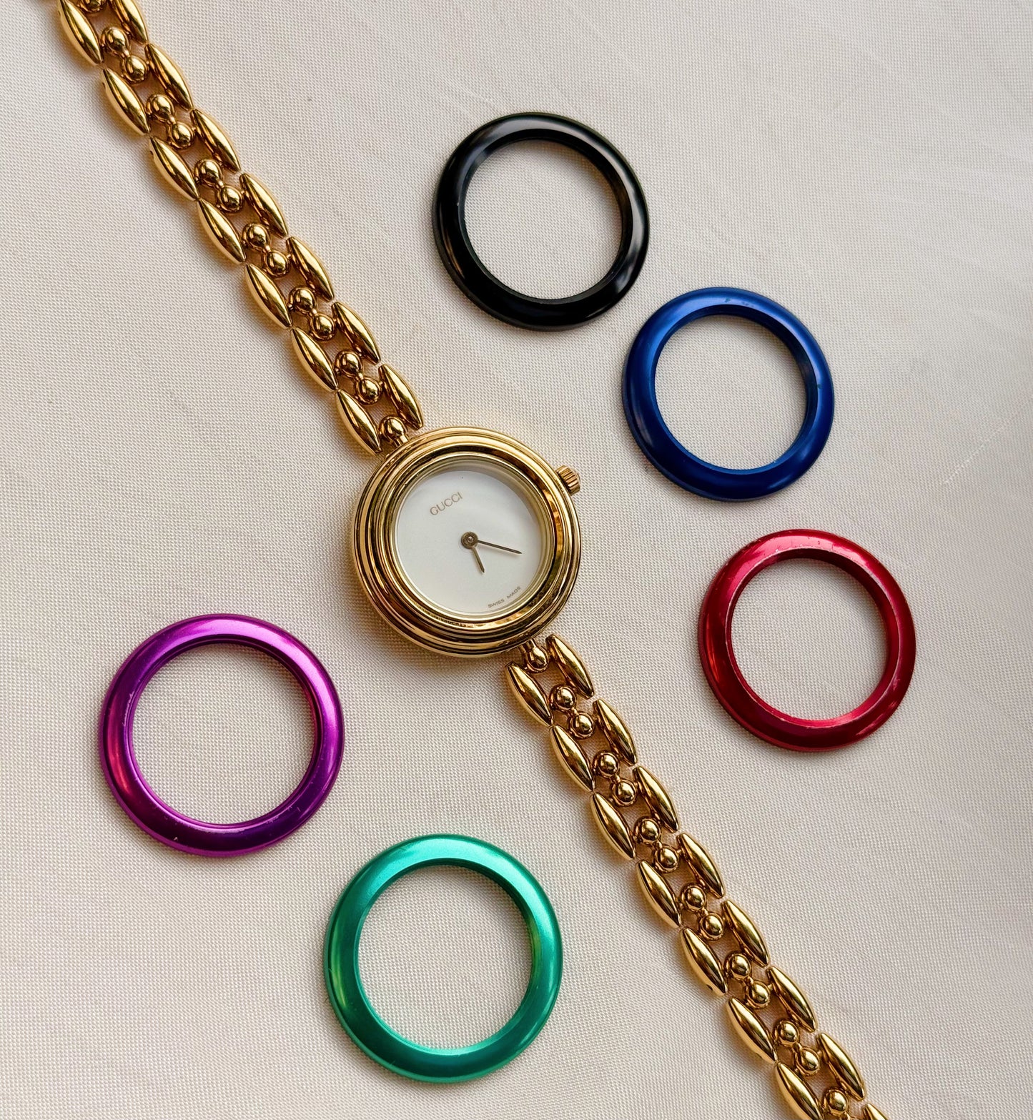 Vintage Gucci Interchangeable Bezels Women's Gold Plated Watch Set, 6 Bezels (11/12.2)