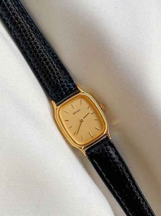 Vintage Seiko Tank Dial Watch: Black Leather strap; 1990s Japan Quartz